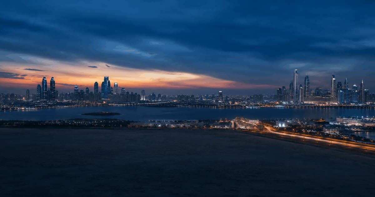 UAE coastal city skyline at dusk, representing healthcare property investment across the emirates